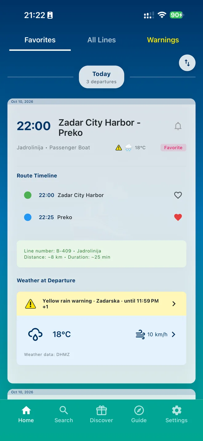 A card opened: route, warning and weather